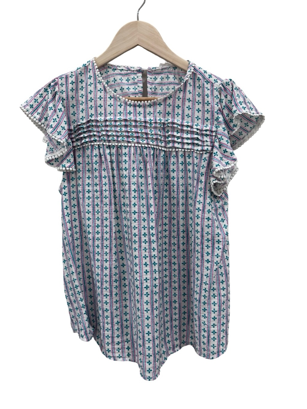 Mine Floral Pintuck Flutter Sleeve Top - White ,Teal and Pink